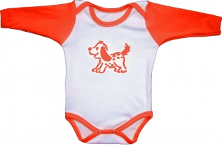 Kojenecké body bílá + oranžová  s pejskem 